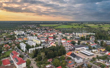 Aerial skyline cityscape of Krzyż Wielkopolski, Poland. Panoramic autumn view at sunset