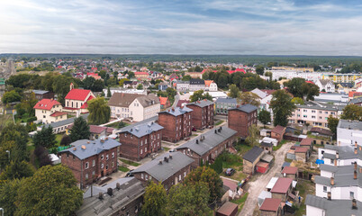 Aerial skyline cityscape of Krzyż Wielkopolski, Poland. Panoramic autumn view