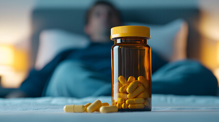 Close-Up of a Bottle of Sleeping Pills: Highlighting Medication for Sleep Disorders and Health Management