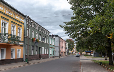 Fototapeta premium Autumn cityscape of Krzyż Wielkopolski, Poland. Colorful residential buildings. 