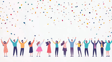 people celebrating by raising their hands. colorful confetti falling, isolated on white background with copy space on the left of the frame.