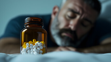 Close-Up of a Bottle of Sleeping Pills: Highlighting Medication for Sleep Disorders and Health Management