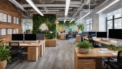 Modern office interior design with green plants, wooden desks and natural light. Concept of productivity, collaboration, and a healthy work environment