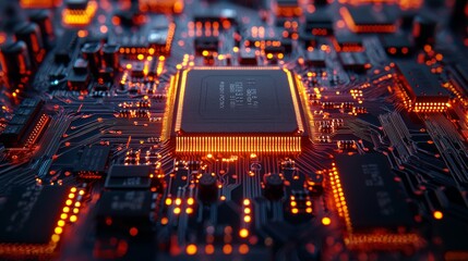 Obraz premium Glowing Circuit Board with CPU Processor Close up