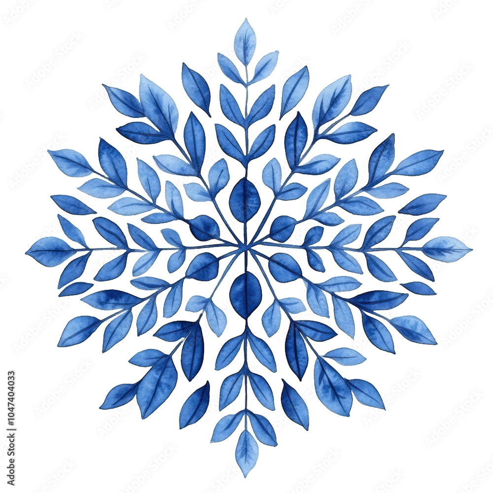 Poster watercolor snowflake with intricate icy patterns in soft blue hues isolated on a transparent backgro