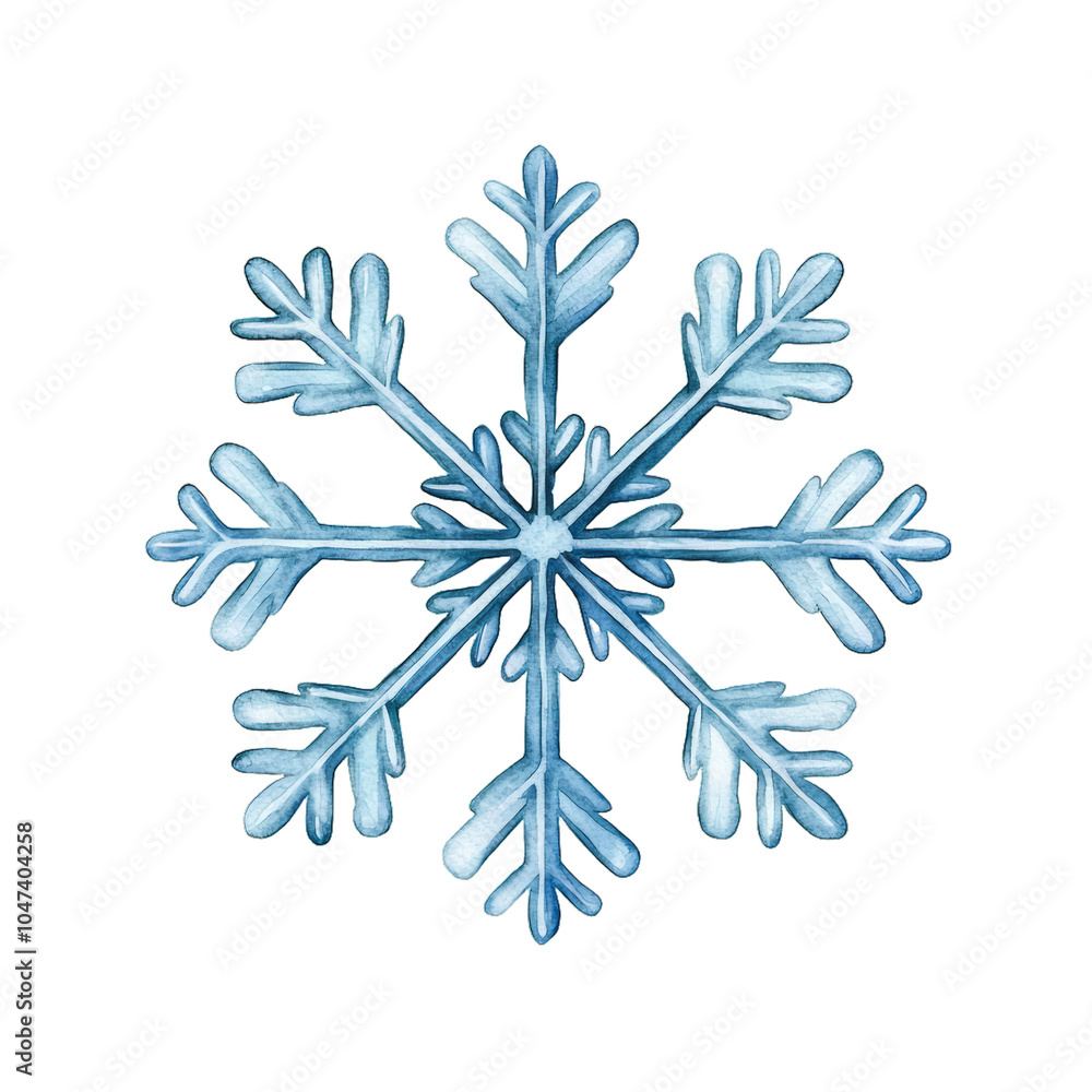 Poster watercolor snowflake with intricate icy patterns in soft blue hues isolated on a transparent backgro