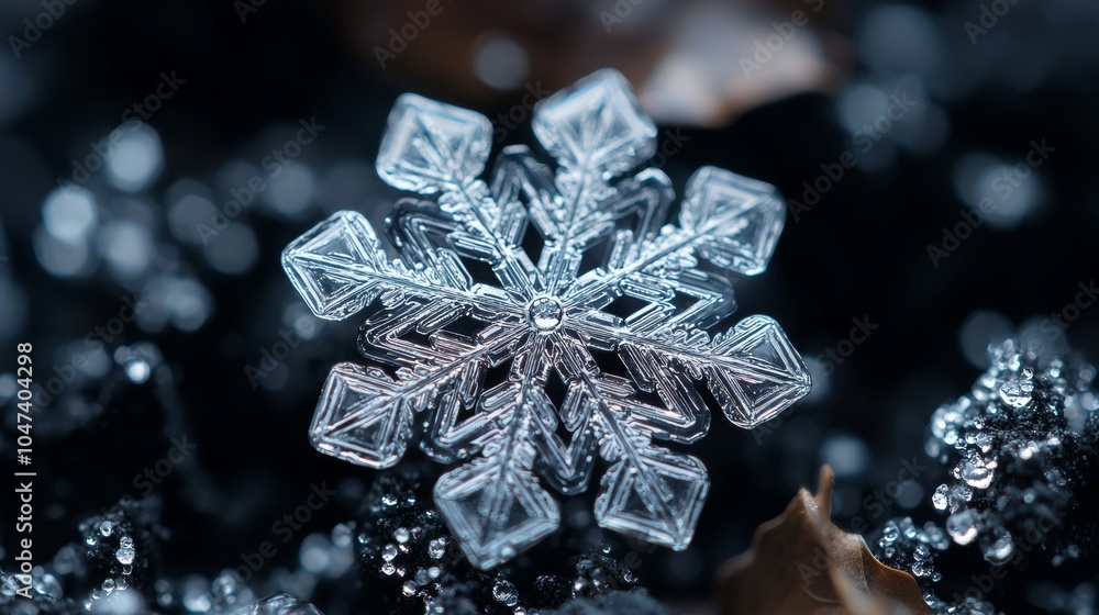 Poster macro photography of a delicate snowflake on a dark background