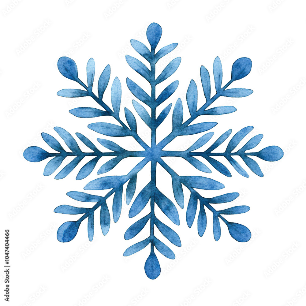Poster watercolor snowflake with intricate icy patterns in soft blue hues isolated on a transparent backgro