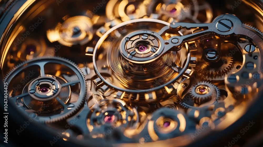 Poster close up of complex watch mechanism with golden gears and cogs