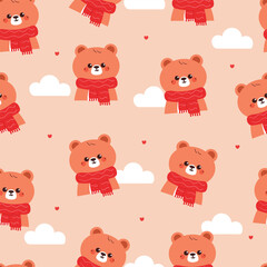Fototapeta premium seamless pattern cartoon bear wearing red scarf. cute winter wallpaper for fabric print, gift wrap paper