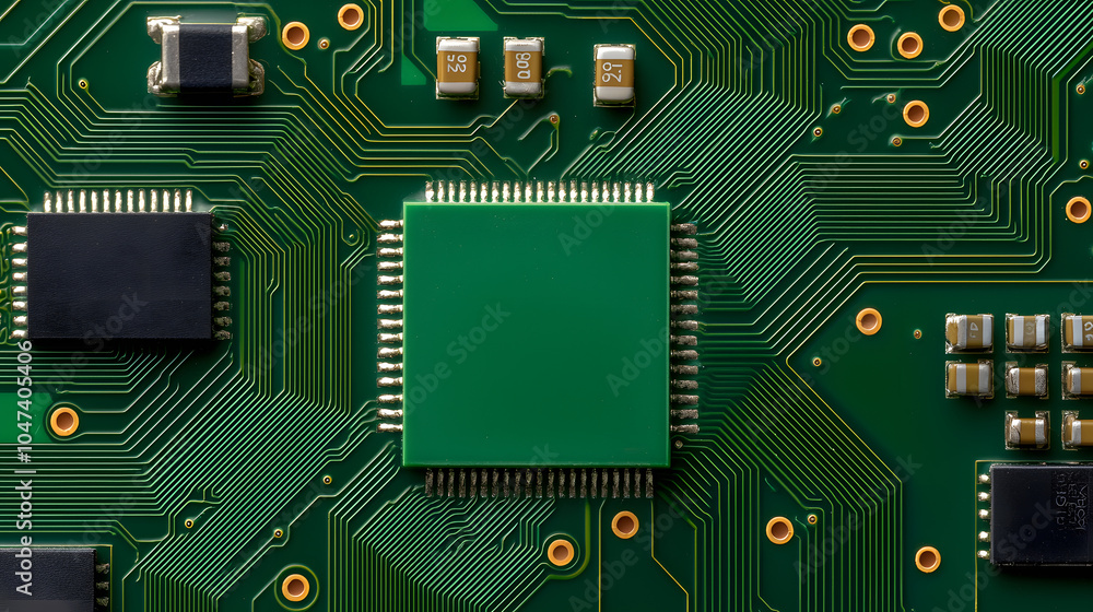 Poster close-up of a green printed circuit board: showcasing intricate design and electronics technology