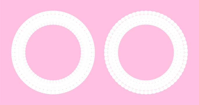 Decorative feminine, cute and girly lace doily border frame. White frame on pink background. For invitations, wedding stationery, baby souvenir, gift, card, design projects, photo frame.