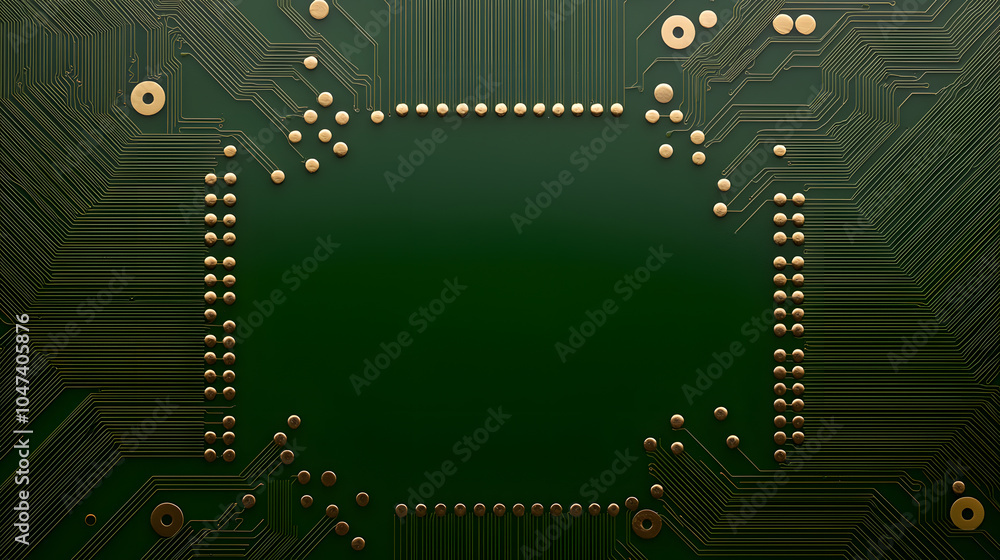 Poster close-up of a green printed circuit board: showcasing intricate design and electronics technology