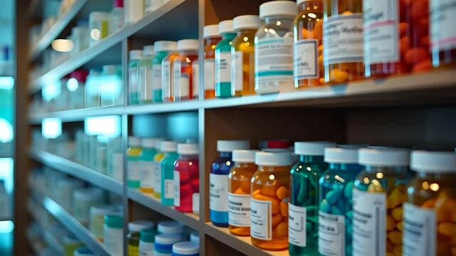 Pharmacy Shelves Stocked with a Variety of Prescription Medications