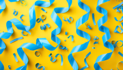 Obraz premium Many light blue serpentine streamers on yellow background. Party decor