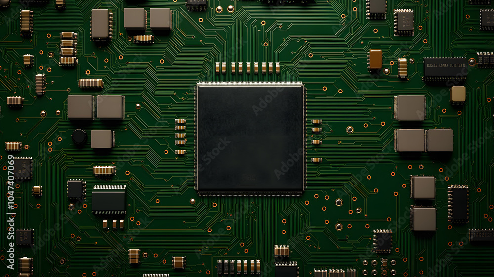 Poster close-up of a green printed circuit board: showcasing intricate design and electronics technology