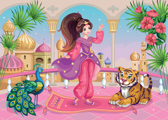 Eastern princess in the palace. Arabian tale about Aladdin and lamp. Pink candy background with castle, oriental fairy and Muslim architecture. Cartoon fabulous Wallpaper or print for girl.