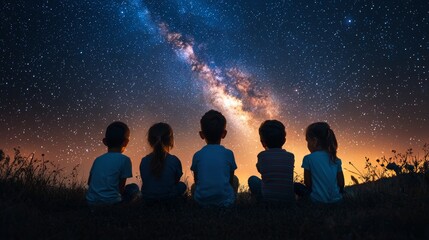 Fototapeta premium Kids Silhouettes Stargazing Milky Way Night Sky