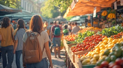 Obraz premium Woman Shopping for Fresh Produce at a Farmers Market