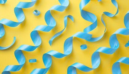 Fototapeta premium Many light blue serpentine streamers on yellow background. Party decor