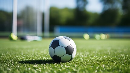 A soccer ball resting on green turf during a sunny afternoon at a local practice field