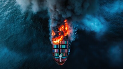 Aerial view of a large cargo ship on fire in the middle of the ocean
