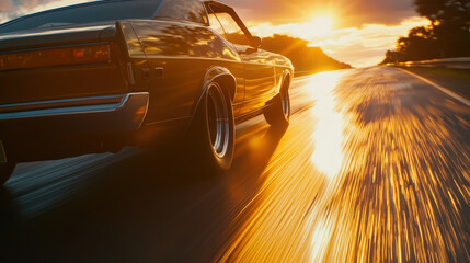 Muscle Car Driving at Sunset on Open Road