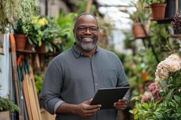 A man with glasses is smiling and holding a tablet in a greenhouse