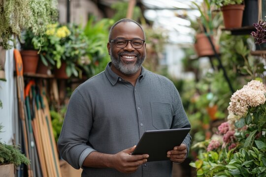 A man with glasses is smiling and holding a tablet in a greenhouse - Powered by Adobe