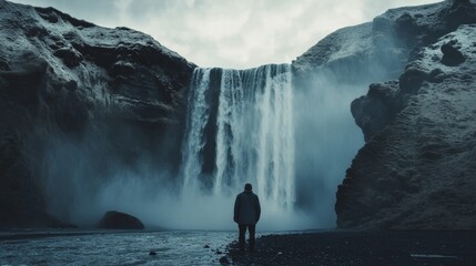 Majestic Waterfall with Solitary Figure in Dramatic Icelandic Landscape