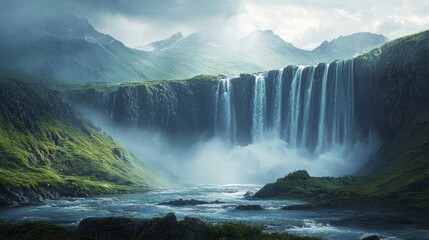 Fototapeta premium Majestic Waterfall in Green Mountain Landscape Nature Photography Travel Destination