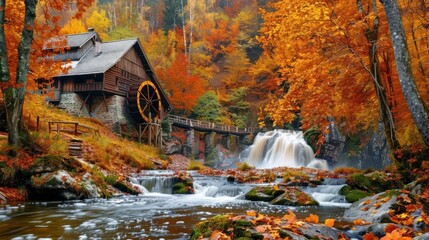 Fototapeta premium A Rustic Water Mill and Waterfall in an Autumn Forest