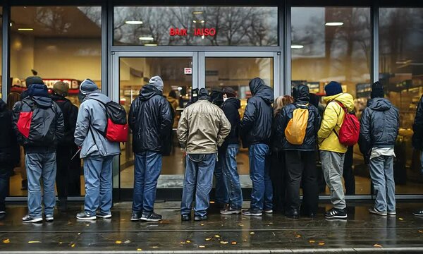 People waiting in line outside a store on a rainy day.