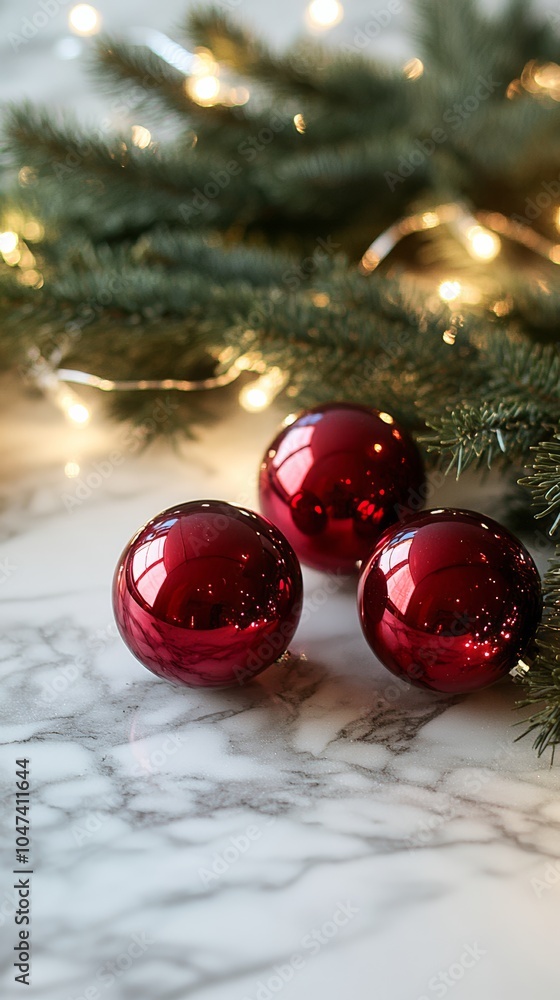 Aufkleber red christmas balls resting on marble surface with fir branches and string lights creating festive a