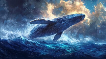 Fototapeta premium Majestic Humpback Whale Leaping Through Waves Ocean Wildlife Blue Water Dramatic Sky N