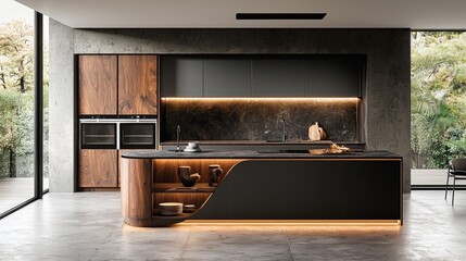 Modern Kitchen Interior Design with Black and Wood Cabinets  Countertop  and Island
