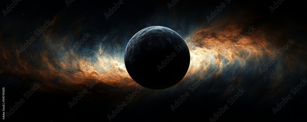 Poster lone planet orbiting through colorful nebula clouds in deep space