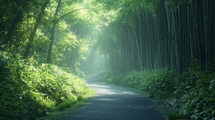 Obraz premium Serene Path Through Misty Bamboo Forest