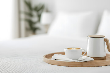 Fototapeta premium White Cup of Tea and Teapot on Hotel Bed: A Cozy and Inviting Touch for a Relaxing Stay