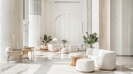 An elegant and refined hotel lobby design boasting a pure white canvas backdrop, Minimalist lobby furniture arranged for comfort and style, Luxury minimalist style