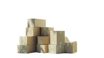 Stack of cardboard boxes on a white background, ideal for logistics, shipping, or moving concepts. Perfect for presentations and commercial usage.