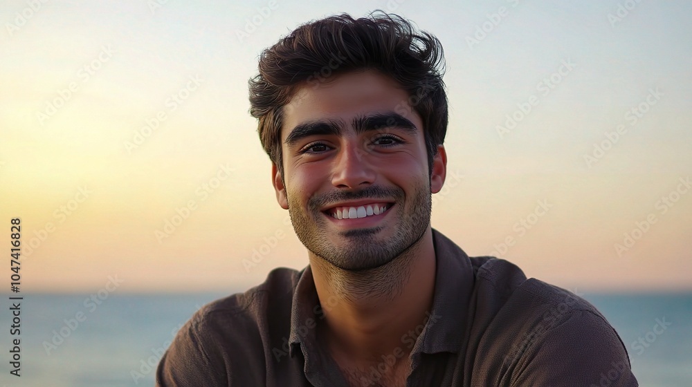 Sticker Smiling Man by the Beach at Sunset