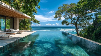 Obraz premium Infinity Pool Overlooking Ocean with Tropical Trees and Blue Sky