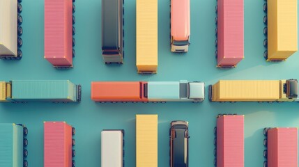 Fototapeta premium Cargo transport in import-export logistics flat design top view navigation theme 3D render colored pastel 