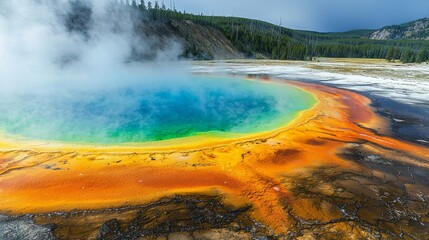 Colorful Hot Springs Steam and Nature Landscape in Yellowstone National Park