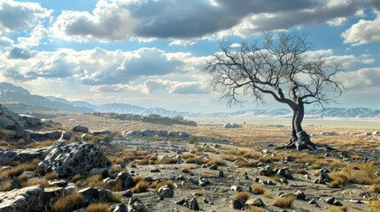 Solitary Dead Tree in a Rocky Desert Landscape