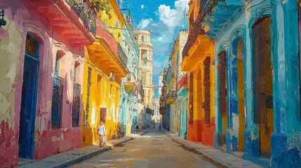 Obraz premium Colorful Street Scene in Historic City with Blue Sky and Sun Rays