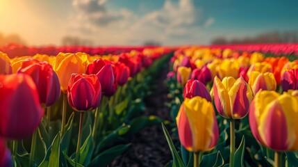 Colorful Tulip Field at Sunset  Spring Flowers  Blooming Garden
