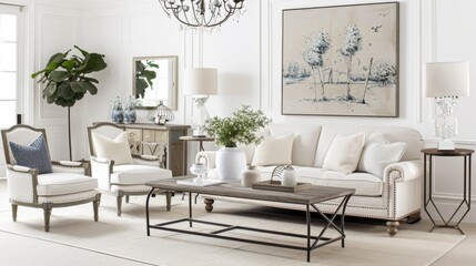 An elegant and refined living room design with a white canvas backdrop, Minimal furniture arranged with precision, French Provincial Minimalism style