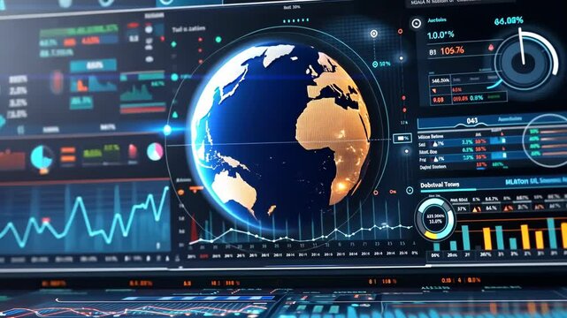 Global data visualization showcasing key metrics and analytics in real-time from Earth-centric perspectives